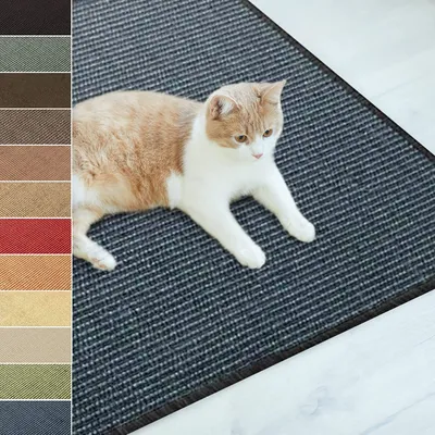 A cat is lying on a blue sisal scratching mat. The mat is shown with a selection of other color swatches to the left.