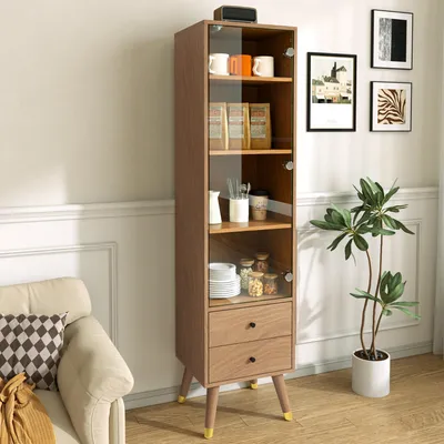 Produktbild von Flieks Moderner Hochschrank mit Glastür, Vitrinenschrank mit verstellbaren Regalen und 2 Schubladen, Sideboard 39.8x35x160cm, Holz-Optik