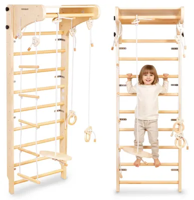Produktbild von Holz-Turnleiter für Kinder mit Schaukel, Turnringe und Strickleiter, Wandmontage, naturholz, Klettergerüst Kinderzimmer
