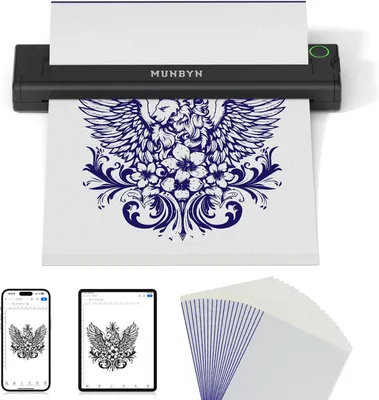 Produktbild von MUNBYN Tattoo Drucker Bluetooth, Kabelloser Stencil Thermodrucker mit 20 A4 Transferpapier, Kompatibel mit Android, iOS, Windows & Mac für Künstler