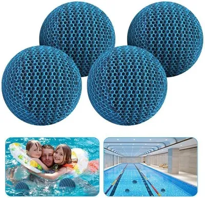 A collage of images showing blue filter balls, a family in a pool, and an indoor swimming pool.