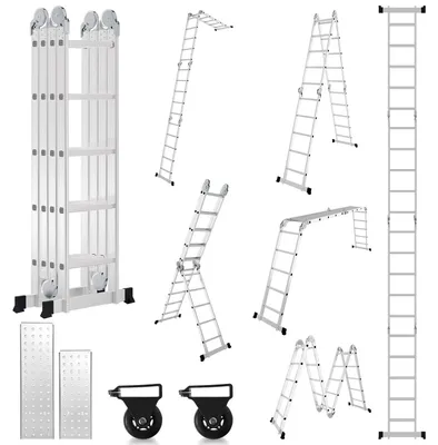Obrázek produktu pro Peviasot 7v1, univerzální hliníková žebřík s 4x3 schůdky, výška cca 360 cm / 3,6 m, skládací a kloubový žebřík s 2 platformami a transportními kolečky, maximální nosnost 150 kg