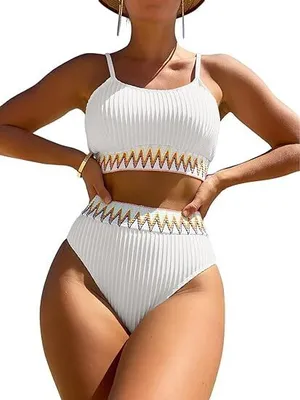 Produktbild von Push-Up-Bikini Damen-Bikini-Set gerippt hoch tailliert Badeanzug Hoch tailliertes geripptes Bikini-Crop-Top Badeanzug-Set, 2-teilig