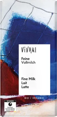 Obrázek produktu pro Vivani 285900, Mléčná čokoláda, 100 g, 2414 kJ, 580 kcal, 39,1 g, 49 g
