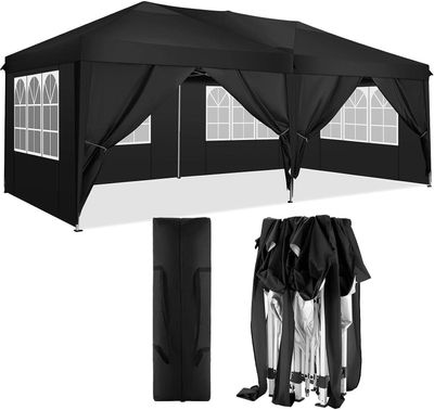 FCH Pavillons & Partyzelte 3x6m, Festzelt Faltpavillon Gartenzelt für Garten Terrasse Feier Party, Wasserdicht & UV-Schutz mit 6 Seitenteilen,schwarz