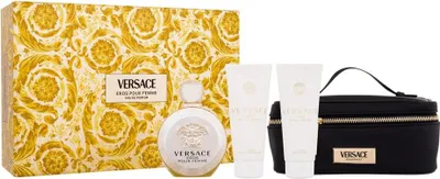 A Versace EROS FOR WOMEN CASE gift set is displayed against a white background. The set includes a perfume bottle, two tubes of lotion, and a black cosmetic bag. The packaging box is visible on the left, featuring a gold ornate pattern and the Versace logo