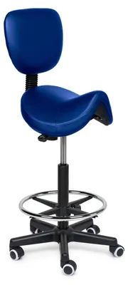 Produktbild von Premium Sattelhocker mit Lehne Blau Auf Räder - Hoch (70-84cm) / mit Fußstütze / Standardmäßige Räder