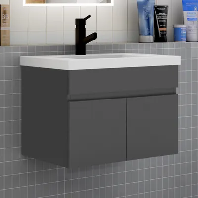 Produktbild von Badezimmer Badmöbel 60 cm Mineralguss Waschtisch mit Unterschrank Hängeschrank Badezimmerschränke Badschrank mit 2 Türen Anthrazit