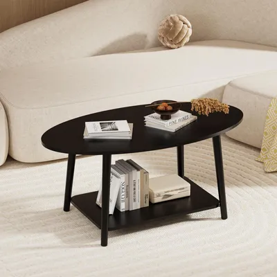 Produktbild von Moderner Couchtisch aus Holz mit 2 Etagen,kleiner Beistelltisch,Holztisch Sofatisch Wohnzimmer mit Stauraum für kleine Wohnräume,100x53x45cm Schwarz