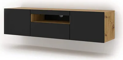 Obrázek produktu pro Nízká TV skříňka Aura 150 cm Závěsná nebo stojící univerzální podstavná skříňka TV stolek TV deska Příborník HiFi stolek Závěsná skříňka Artisan Dub a černý mat bez LED diody