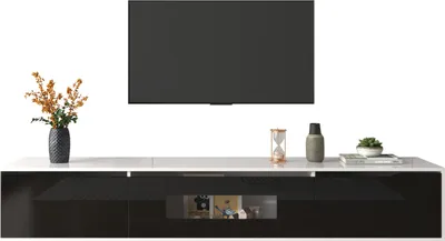 Obrázek produktu pro Závěsný televizní nábytek s LED osvětlením - 180x35x30 cm - Lesklá černá a bílá barva