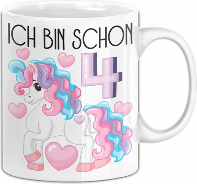 Produktbild von 4. Geburtstag Geschenk Tasse Becher Mädchen Tochter Geburtstagsgeschenk Einhorn Ich Bin Schon 4 (Weiß)