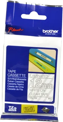 Produktbild von Brother TZE135G, Weiss auf Transparent, Etikettenrolle, TZe, Brother, PT-D210, PTD210BK, PT-P700, PT-P750W, PTP950NW, RPT-D210BK, P-touch PT-E510VP, P-touch PT-E310BTVP, 1,2 cm