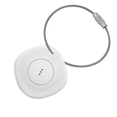 A white Bluetooth tracker with a silver cable loop is shown on a white background.
