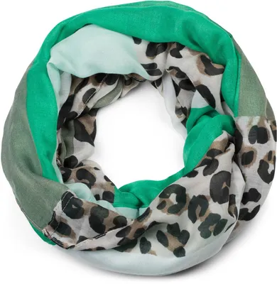 Produktbild von styleBREAKER Damen Loop Schal mit Leo Muster & Colour Blocking | weicher Schlauchschal aus Viskose | leichter Animal Print Rundschal für Frühling & Übergang