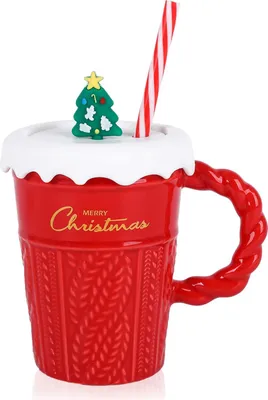 Zdjęcie produktu dla Świąteczny kubek do kawy 400 ml Świąteczny ceramiczny kubek do kawy kubek do herbaty kubek do mleka z pokrywką i słomką, czerwony, 1 szt