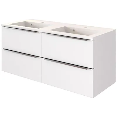 Produktbild von Doppelwaschtisch mit Waschbecken 120cm in Matt weiß GHOM-03 Unterschrank mit 4 Softclose-Auszügen, B/H/T ca. 120/54/48 cm