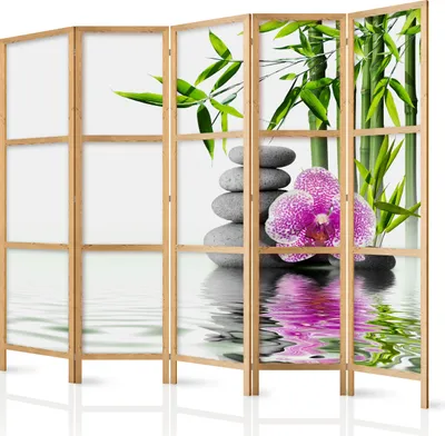 Produktbild von Paravent XXL Blumen Orchidee SPA Steine Bamboo 225x171 cm - 5-teilig - einseitig - eleganter Sichtschutz - Raumteiler - Trennwand - Raumtrenner - Holz - Design Motiv - Deko - Japan p-B-0033-z-c