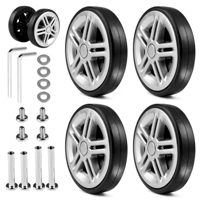 Produktbild von 4 Stück Koffer Ersatzrollen, Schwarz, 56 x 12 mm Kofferrollen Ersatzrollen, Kunststoff, Verschleißfeste, Kofferrollen mit Ersatzteile Reparatur Set, Universal Koffer Rollen, Ersatz Gepäck Räder