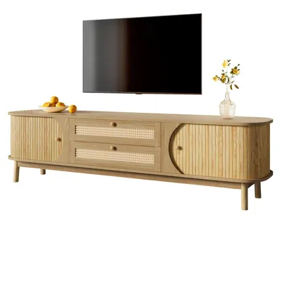 Produktbild von TV-Schrank – Natürlicher Holz-Blend TV-Schrank mit Türen und Schubladen. TV-Ständer mit Rattanseiten. Aufbewahrungslösung, Natürlicher Landhausstil