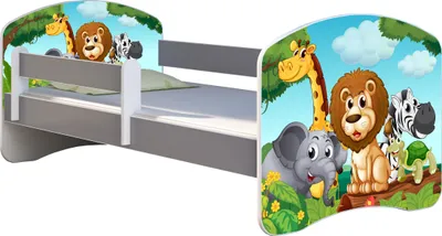 A children's bed with a safari animal theme.