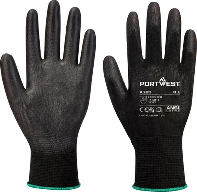 A pair of black work gloves shown from the front and back.