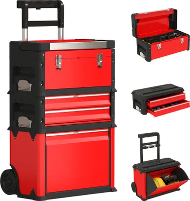A collage of images showing a red and black rolling tool chest with multiple drawers and a detachable top case, presented in various configurations.