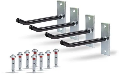 Zdjęcie produktu dla Zestaw uchwytów do montażu felg na ścianie Ibzoa® – 4 uchwyty ze stalą ocynkowaną, z 200 mm haczykami pokrytymi czarnym PVC, płyta 120 x 40 x 5 mm, w zestawie 8 śrub i 8 kołków, maksymalne obciążenie 40 kg