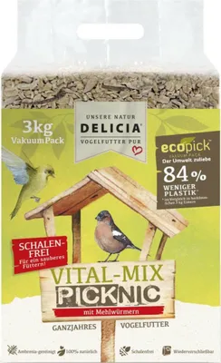 A bag of bird food with an illustration of birds and a bird feeder.