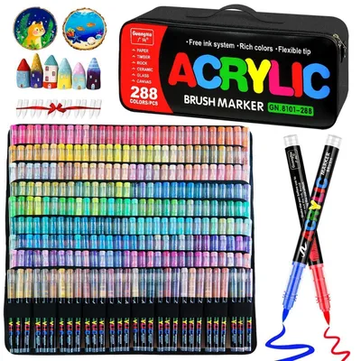 Produktbild von Acrylstifte Set 288 Farben wasserfest Pinselspitze für Steine Glas Holz Keramik Metall Leinwand 1-6 mm