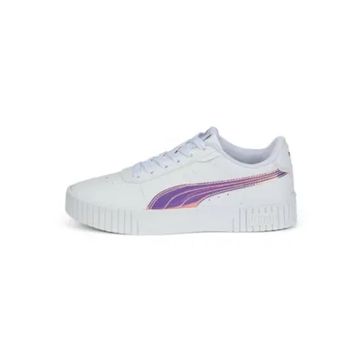 A white Puma Carina 2.0 sneaker with iridescent purple and pink detailing on the side.
