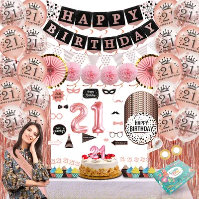 Produktbild von Celejoy® 21 Jahre Party-Paket - Exklusive Rose Gold 21. Geburtstag Dekorationen mit Ballons, Girlanden & Partyzubehör