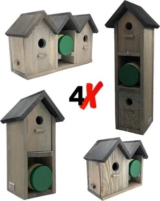 Produktbild von GARDEN SPIRIT Vogelhaus Set – 4x Vogelhäuser mit Vogel-Erdnussbutter Halter,Holz