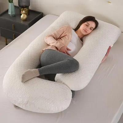 Zdjęcie produktu dla Poduszka ciążowa Unyqoos® w kształcie litery J – ergonomiczna poduszka do podparcia ciała, wykonana w 100% z poliestru (pokrowiec zdejmowany, można prać w pralce), zapewnia wsparcie dla brzucha, pleców i bioder