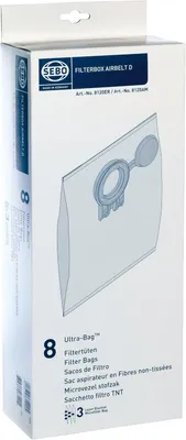 Productafbeelding van SEBO Filterbox D 8120 voor Sebo Airbelt D, inclusief 8 Ultra-Bag elektret filterzakken, 3-laags, met filterdeksel, wit. Filterzakinhoud: 6 liter