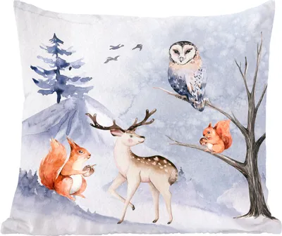 Produktbild von MuchoWow® Zierkissen Sofakissen Wohnzimmer Dekokissen 45x45 cm Winter - Hirsch - Eichhörnchen - Baum - Schlafpolster - Polster für das Sofa