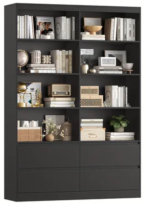 Produktbild von Bücherregal - Bücherregal mit Fächern - Bücherkorb - Aufbewahrungsschrank - Regalkorpus mit Fächern - 6-stöckig mit Schubladen - Weißes Holz