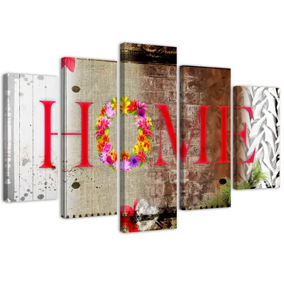 Produktbild von 5-teiliges leinwandbild home schriftzug - florales motiv 100x70 cm Feeby rot wandbild bereit zum aufhängen