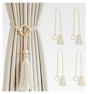 Produktbild von Raffhalter für Vorhänge, 4 Stück aus Holz, Boho-Stil, Baumwollseil, beige