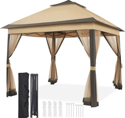 A pop-up gazebo with mesh curtains and accessories laid out in front of it.