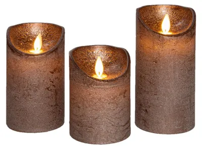 Productafbeelding van Stompkaars rustiek wax bewegende vlam op batterij met afstandsbediening 10/12.5/15x7.5 cm brons set van 3 Anna's Collection