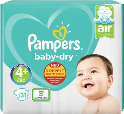 Zdjęcie produktu dla Pampers Baby Dry pieluszki rozmiar 4 Plus 10 do 15 kg Zawartość 31 sztuk