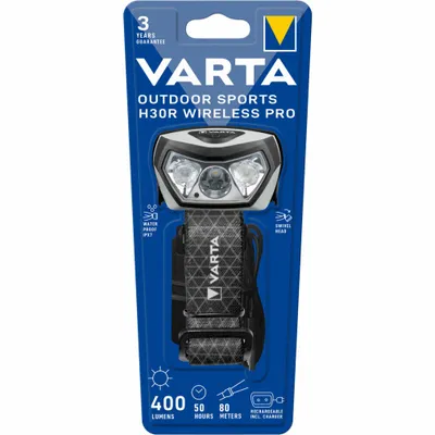 Produktbild von Varta Stirnlampe LED, wiederaufladbare Kopflampe, Outdoor Sports H30R Wireless Pro, kabelloses Laden, wasserdicht, schwenkbarer Kopf, Dimmfunktion, ideal für Camping, Joggen, Wandern, Stirnband-Taschenlampe, Schwarz, Tasten, 2 m, IPX7, LED