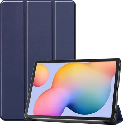 A dark blue tablet case is shown next to a tablet displaying a colorful abstract image.