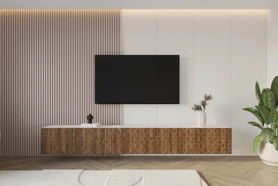 Produktbild von ALTDECOR TV-Schrank VIRA-W mit Gefrästen Fronten 3x100x40x40 Lowboard hängend, TV Möbel, TV Cabinet, Fernsehtisch, Fernsehschrank, TV Kommode, TV Tisch, TV Sideboard, TV Board - Weiß / Katania