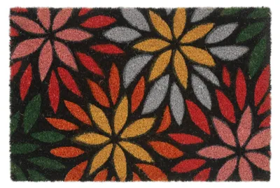 Image de Tapis d'entrée Relaxdays en fibre de coco, motif floral, 60 x 40 cm, paillasson pour l'intérieur et l'extérieur, antidérapant, coloré