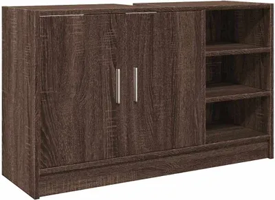 A dark brown wooden cabinet with two doors and open shelves on the right side, shown against a white background.