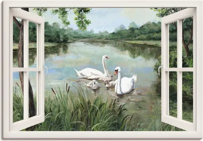 Produktbild von ARTland Leinwandbild Fensterblick - Schwäne, weiß Größe: 100x70 cm