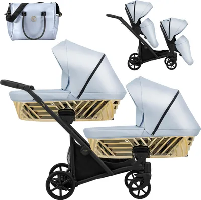 Produktbild von Kinderwagen IVENTO DUO GLAM 2 in 1 Zwillingskinderwagen Geschwisterwagen Zwillingsbuggy Doppelkinderwagen (Eco Baby Blue Metalic, Rahmen: schwarz)