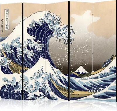 Immagine prodotto di paravento monofacciale in tessuto non tessuto in 5 parti - La grande onda al largo di Kanagawa II 225x172 cm Oriente p-B-0046-z-c